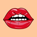 Sweet pop art Pair of Glossy Vector Lips. Open wet red lips with teeth pop art Royalty Free Stock Photo